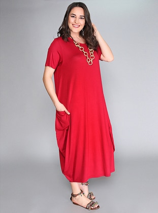 Maroon - Unlined - V neck Collar - Plus Size Dress