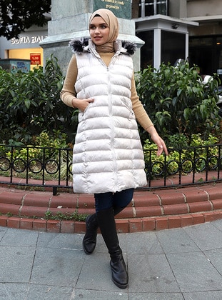 Puffer Vest With Faux Fur Hood Gray
