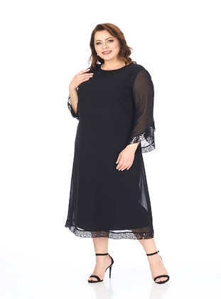 Black - Fully Lined - Crew neck - Modest Plus Size Evening Dress - LILASXXL
