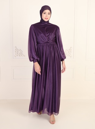 Purple - Fully Lined - Crew neck - Modest Evening Dress - MEKSİLA