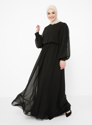 Black - Fully Lined - Crew neck - Modest Evening Dress - Tavin