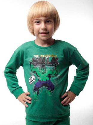 Multi - Crew neck - Unlined - Green - Boys` Sweatshirt - Wonder Kids