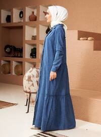 Blue - Point Collar - Unlined - Cotton - Modest Dress