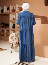 Blue - Point Collar - Unlined - Cotton - Modest Dress