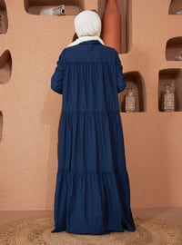 Navy Blue - Point Collar - Unlined - Cotton - Modest Dress