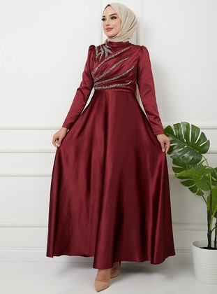 Front Flywheel And Stone Detailed Satin Hijab Evening Dress Burgundy