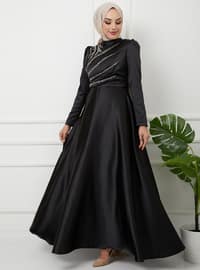 Satin Hijab Evening Dress With Front Flywheel And Stone Detail Black