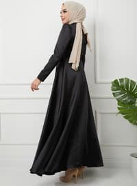 Satin Hijab Evening Dress With Front Flywheel And Stone Detail Black