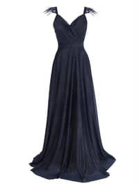 Double-Breasted Collar Silvery Evening Dress Navy Blue