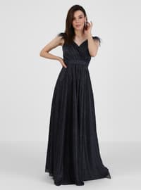 Double-Breasted Collar Silvery Evening Dress Navy Blue