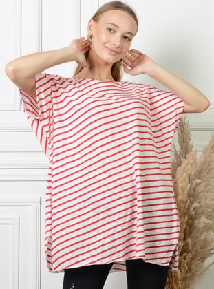 White - Red - Stripe - Crew neck - Cotton - Plus Size Blouse - Pinkmark