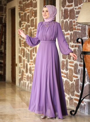 Lilac - Fully Lined - Crew neck - Modest Evening Dress - Amine Hüma