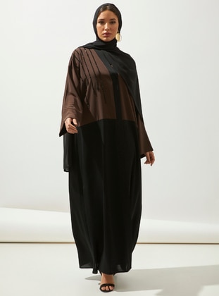 Brown - Black - Unlined - V neck Collar - Abaya - AL SHEIKHA