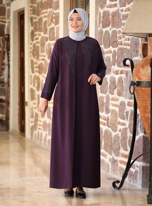 Purple - Fully Lined - Crew neck - Modest Plus Size Evening Dress - Amine Hüma