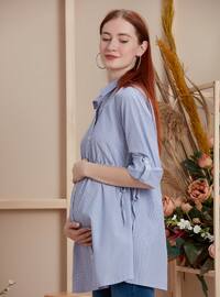 Navy Blue - Stripe - Point Collar - Maternity Blouses Shirts