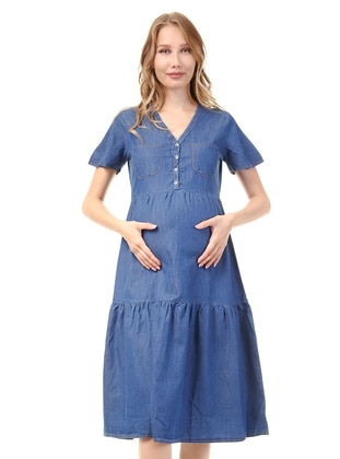 Blue - V neck Collar - Maternity Dress - Luvmabelly