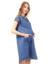 Blue - V neck Collar - Maternity Dress