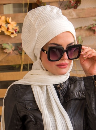 Ribbed Scarf Beanie White Instant Scarf