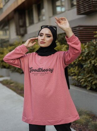 Crew neck - Printed - Dusty Rose - Cotton - Sweat-shirt - Topless