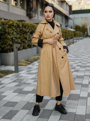 Latte - Unlined - V neck Collar - Trench Coat - Topless