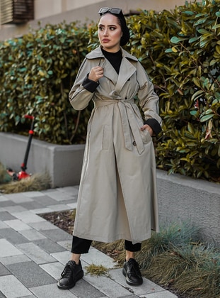Beige - Unlined - V neck Collar - Trench Coat - Topless