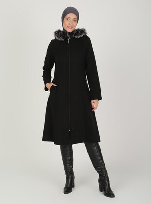 Faux Fur Detailed Coat With Hood Black