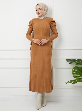 Camel - Unlined - Crew neck - Knit Dresses - Olcay
