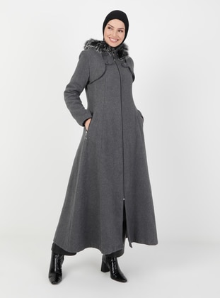 Faux Fur Detailed Coat With Hood Gray