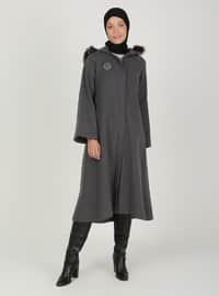 Faux Fur Detailed Coat With Hood Gray
