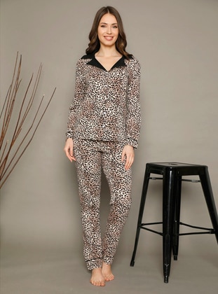 Multi - Shawl Collar - Multi - Pyjama Set - Siyah inci
