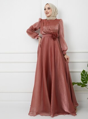 Silvery Hijab Evening Dress With Flower Detailed Belt Copper