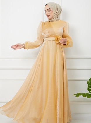 Yellow - Fully Lined - Crew neck - Modest Evening Dress - Olcay