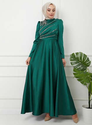 Green - Unlined - Crew neck - Modest Evening Dress - Olcay