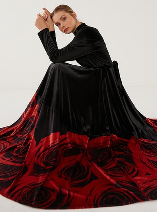 Black - Floral - Crew neck - Unlined - Modest Dress - Mustafa Dikmen
