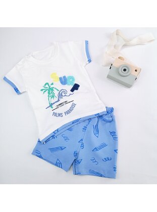 Printed - Crew neck - Unlined - Blue - Combed Cotton - Baby Suit - MİNİPUFF BABY