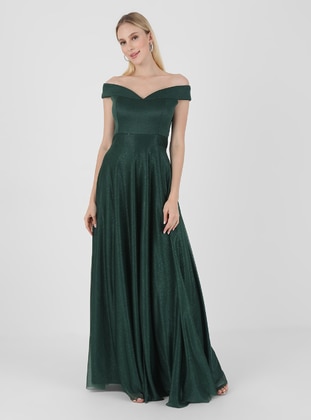 Fully Lined - Green - Boat neck - Evening Dresses - MEKSİLA