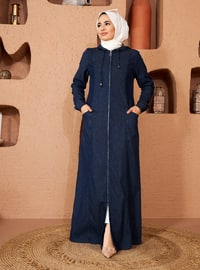 Hooded Zippered Abaya Navy Blue