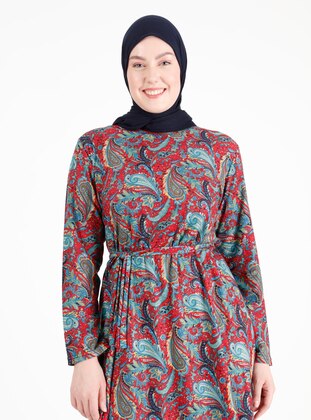 Red - Blue - Multi - Unlined - Crew neck - Plus Size Dress