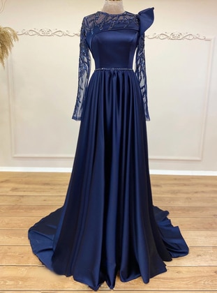 Mahra Transparent Evening Dress Navy Blue