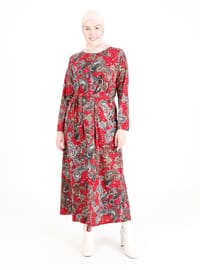 Red - Multi - Unlined - Crew neck - Plus Size Dress