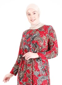 Red - Multi - Unlined - Crew neck - Plus Size Dress
