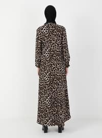 Brown - Mink - Leopard - Crew neck - Unlined - Modest Dress