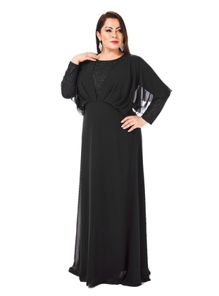 Black - Fully Lined - Crew neck - Modest Plus Size Evening Dress - LILASXXL