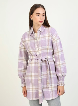 Lilac - Plaid - Point Collar - Acrylic - Cotton - Blouses - Benin