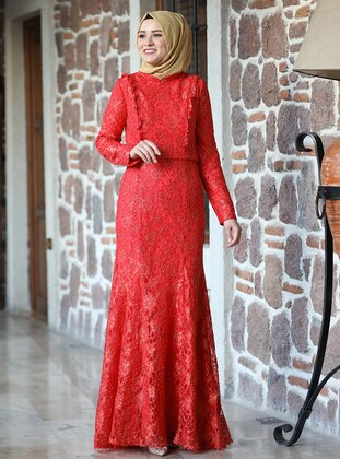 Red - Fully Lined - Crew neck - Modest Plus Size Evening Dress - Amine Hüma