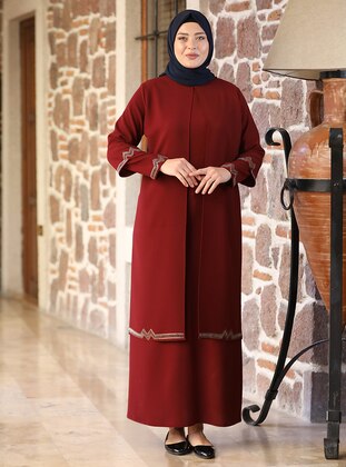 Maroon - Printed - Unlined - Crew neck - Modest Plus Size Evening Dress