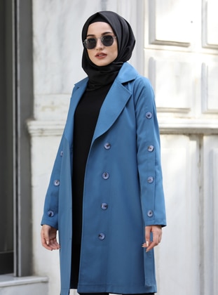 Indigo - Unlined - Double-Breasted - Cotton - Wool Blend - Trench Coat - Surikka