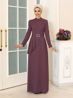 Purple - Crew neck - Fully Lined - Crepe - Modest Dress - DressLife