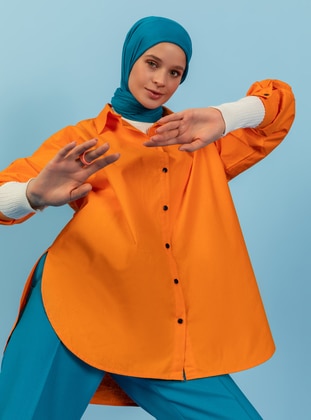 Orange - Point Collar - Cotton - Tunic - Ceylan Otantik