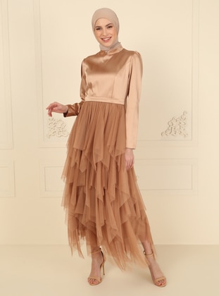 Beige - Fully Lined - Crew neck - Modest Evening Dress - Puane